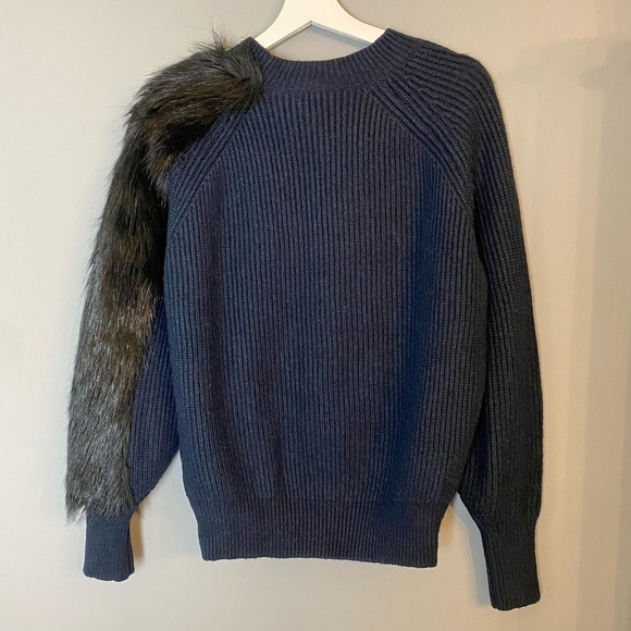 H&M Navy Knit Sweater with Black Faux Fur Sleeve - Picture 1 of 8